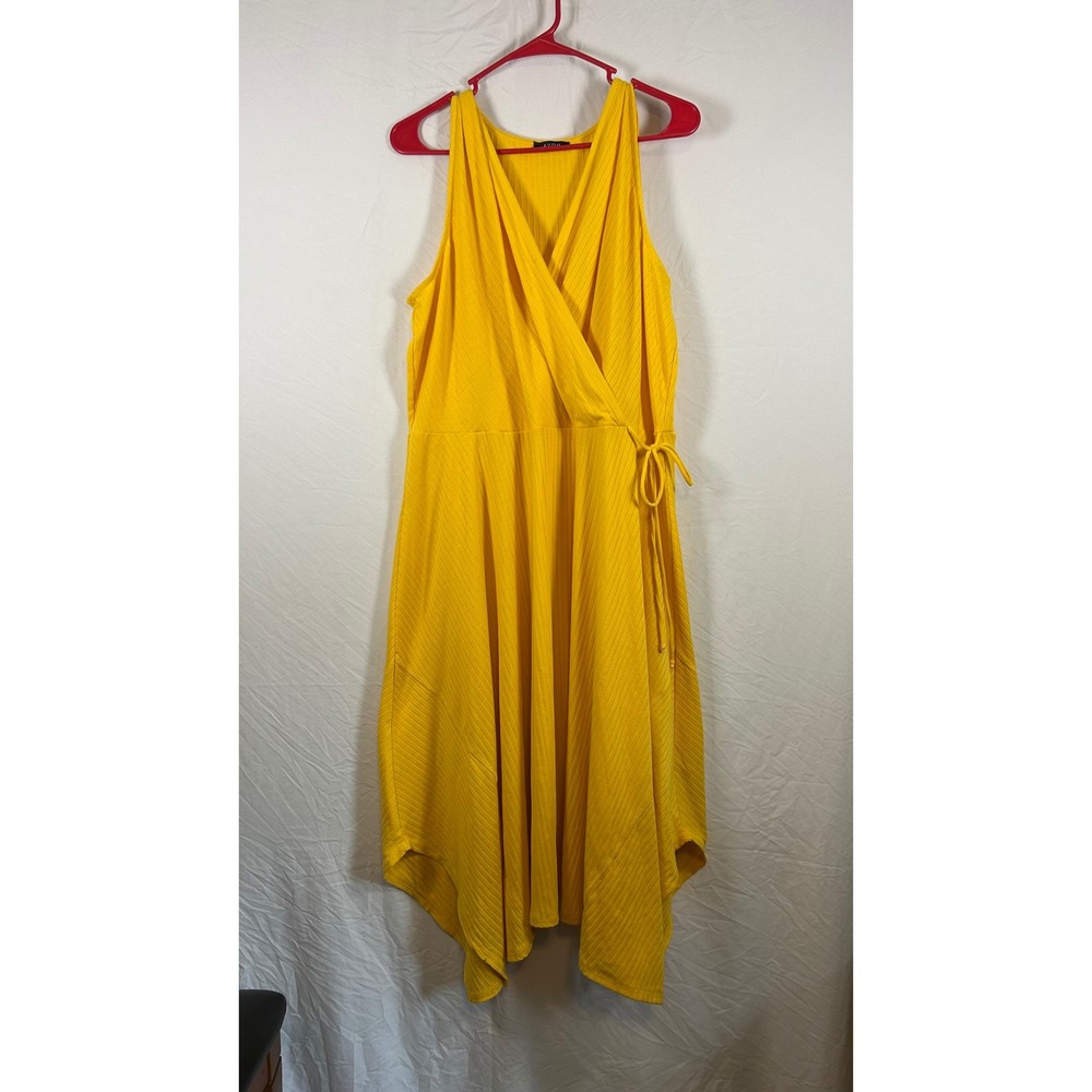 Avon Yellow Ribbed Wrap Handkerchief Hem Midi Dress Plus Size 1X/1T‎ 18W-20W